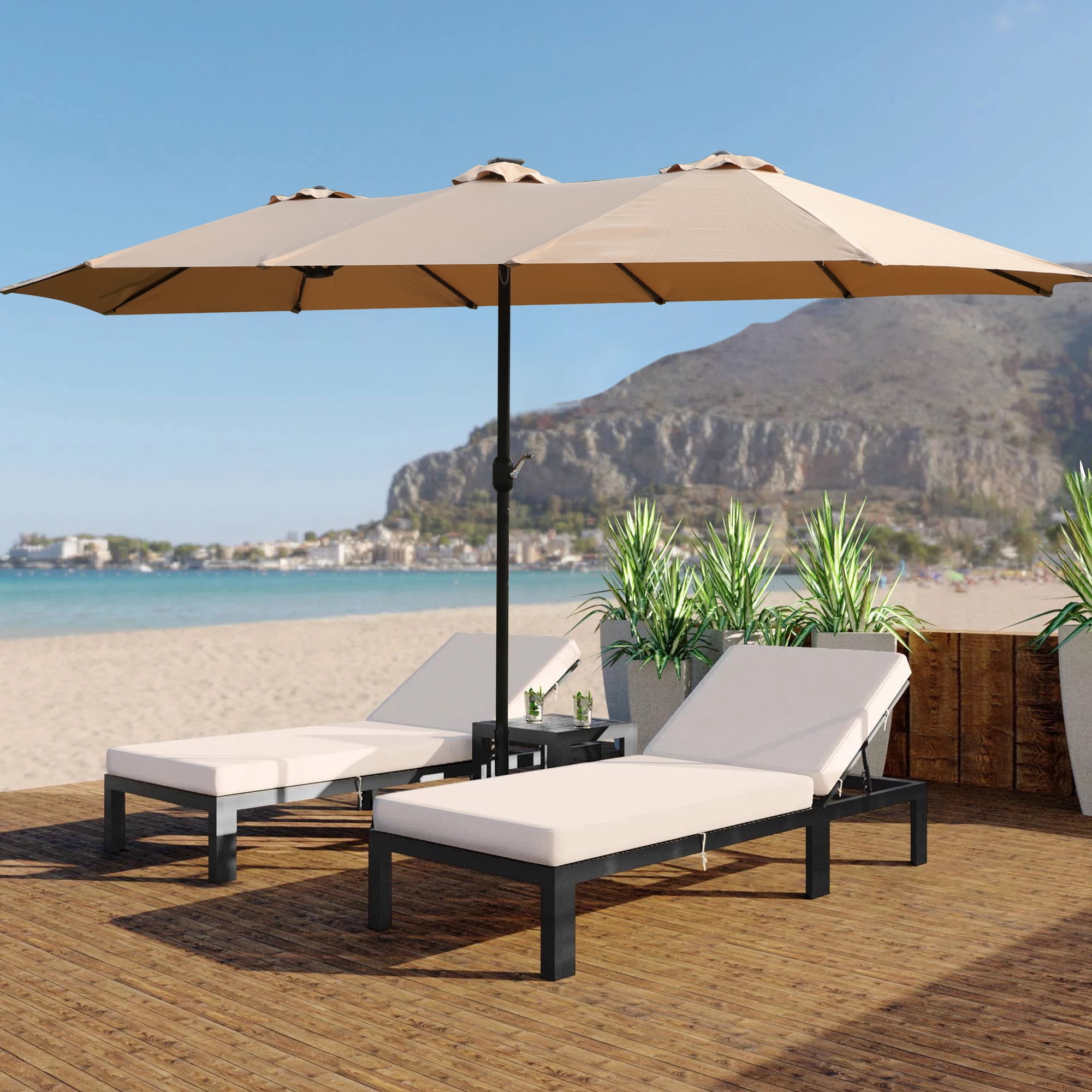 15x9ft Large Double-Sided Rectangular Outdoor Twin Patio Market Umbrella with light and base-TAUPE