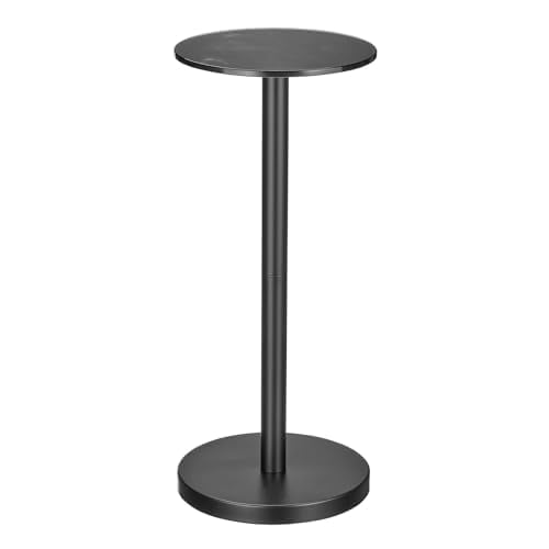Mesa lateral y auxiliar para bebidas con diseño en M, tapa de cristal, pequeña y redonda, negra