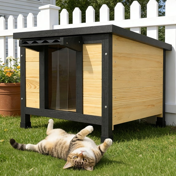 TIMHAKA Outdoor Cat House, Weatherproof Shelter for Cats, Dogs & Rabbits, Durable & Insulated Shelter for Garden, Patio & Backyard, Black & Yellow