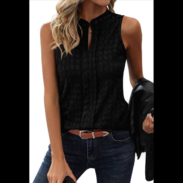 Top Sin Mangas con Cuello en V de Color Liso para Mujer, Negro, Talla L