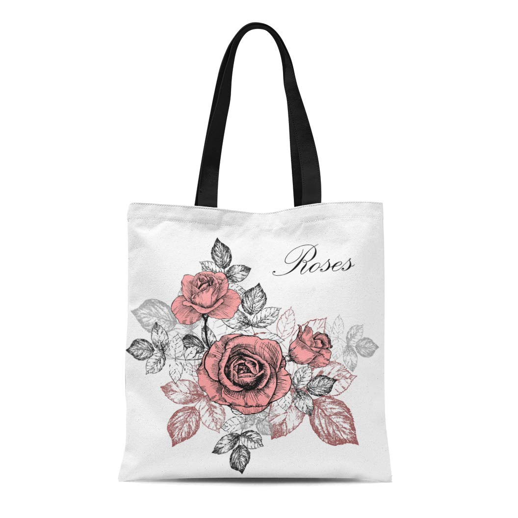 LADDKE Canvas Tote Bag Pink Flower Floral Rose Colorful Hand Graphic
