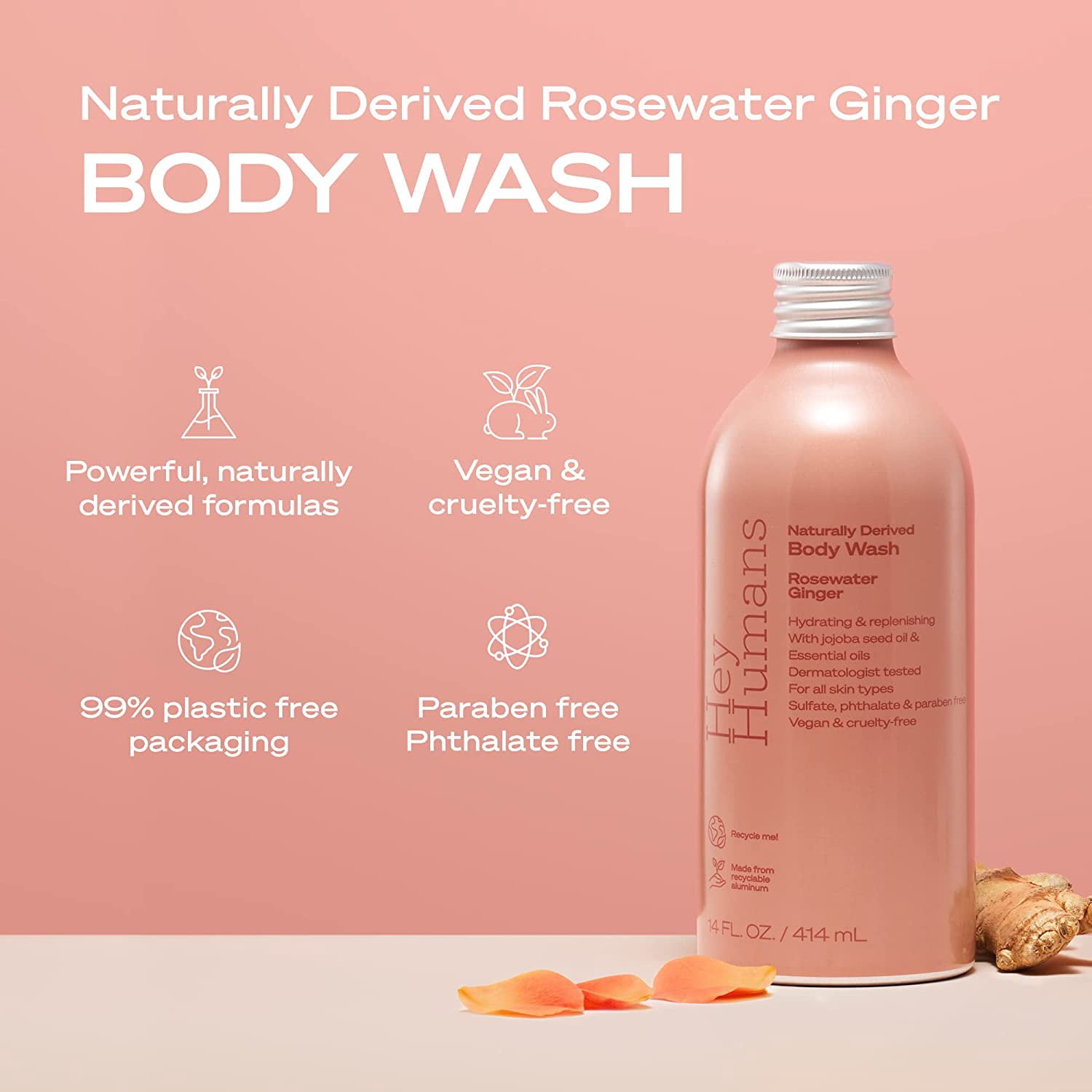 Hey Humans Body Wash Rosewater Ginger, 14 oz (3-Pack)