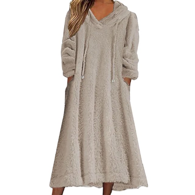 Prolriy Robe à Manches Longues pour Femmes Robe Décontractée Solide en Peluche à Capuche Robe Ample avec Poche Robe Chandail Robe Chandails Robes pour Femmes Kaki TTTG
