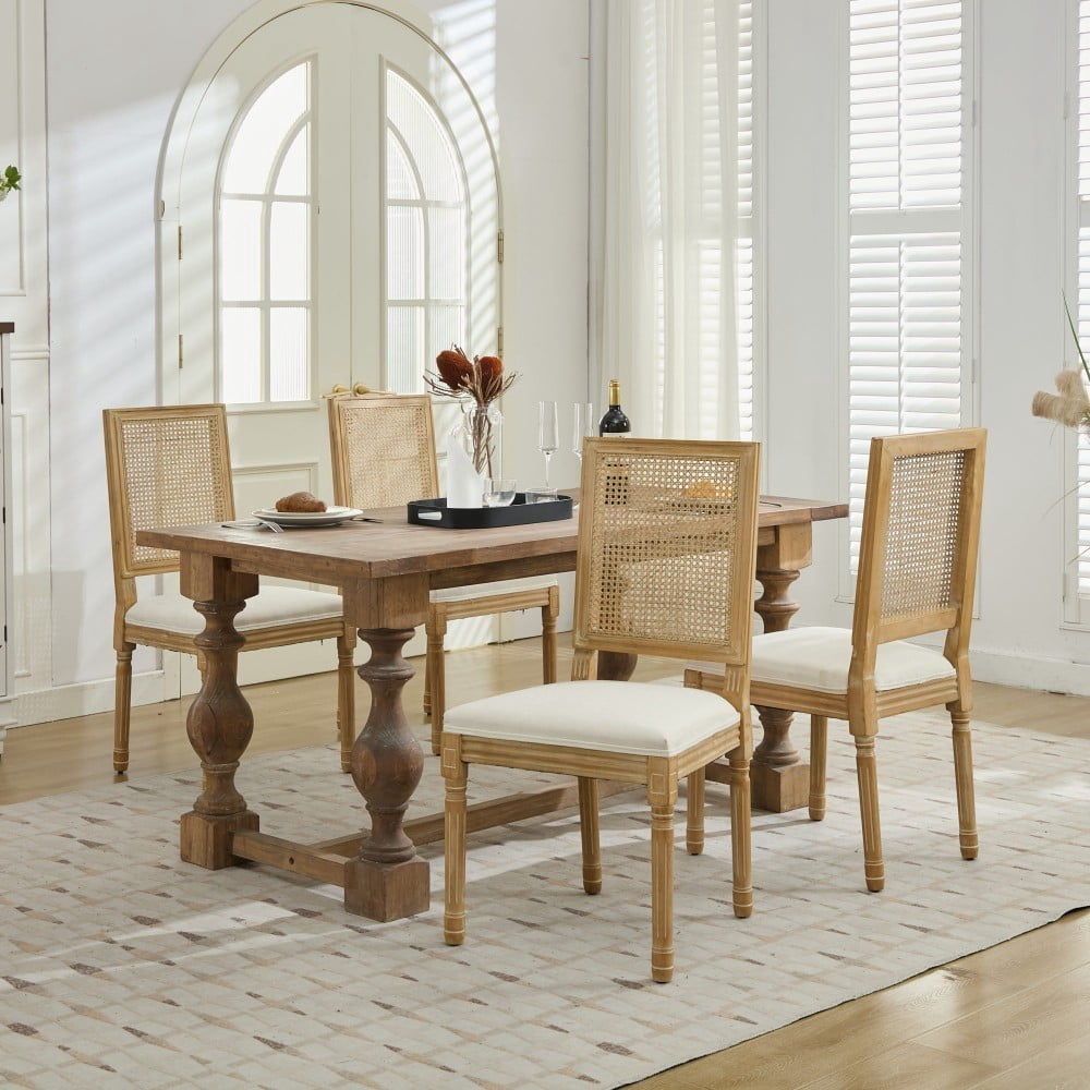 French Dining Chairs Set of 2, Louis Style Chairs with Square Rattan Backrest, Carved Solid Wood Frame, Linen Upholstered Seat, Beige