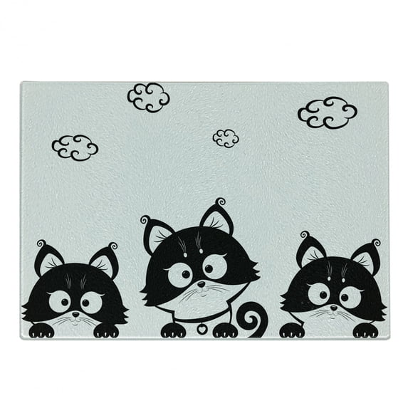 Black and White Cutting Board, 3 Kittens with Clouds over Their Heads Small Thoughts Art, Decorative Tempered Glass Cutting and Serving Board, Small Size, Black and White, by Ambesonne