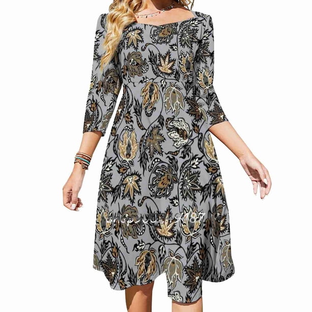 Vestido hawaiano con estampado floral tropical y plateado de Protea Batik, vestido con escote cuadrado, elegante vestido estampado de moda para mujer, vestido hawaiano