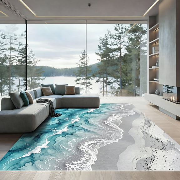 ODIKA 4'x6' Machine Washable Non-Slip Area Rug, Abstract Teal High Traffic Rug, Blue, 1155148