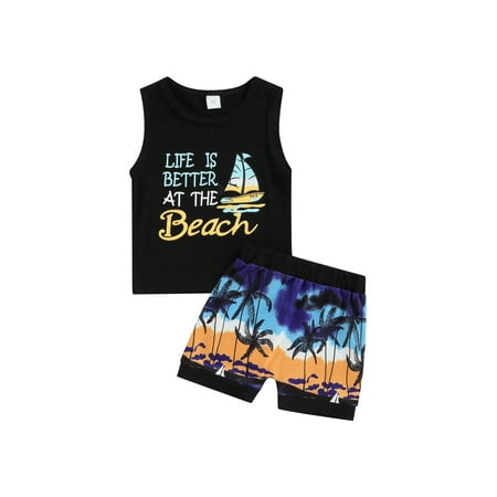 

Canrulo Toddler Baby Boy Summer Beachwear Sleeveless Lettered Tank Tops + Elastic Waist Short Pants Outfits Black 6-12 Months