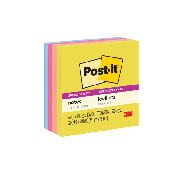 Post-it Super Sticky Notes, 3 in x 3 in, Summer Joy, 4 Pads