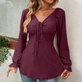 thumbnail image 5 of YYDGH Women's V Neck Drawstring Ruched Tops Puff Long Sleeve Ruffle Cuff Shirts Solid Color Casual Blouses Wine Red XL, 5 of 5