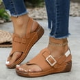 thumbnail image 2 of Dakaela Womens Leather Orthopedic Wedge Sandals Rhinestone Buckle Platform Flip Flops Arch Support Summer Beach Slip on Slides with Back Strap Brown Size 7, 2 of 9