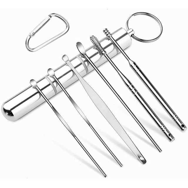 kit de Retrait de Cire d'Oreille, Outils de Retrait de Cire d'Oreille 6-en-1 Réutilisables Nettoyeur d'Oreille, Ensemble de Cure-Oreille en Acier Inoxydable avec Boîte à Clés Utilitaire