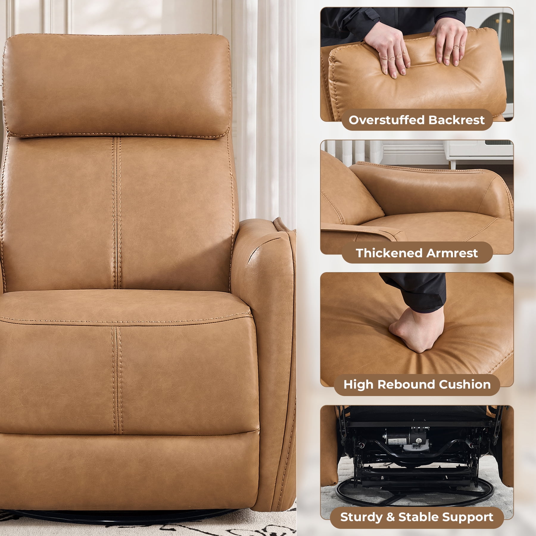 Ebello Power PU Leather Swivel Rocker Recliner, Electric Swivel Glider Chair with USB & Type-C Ports for Nursery, Living Room, Brown