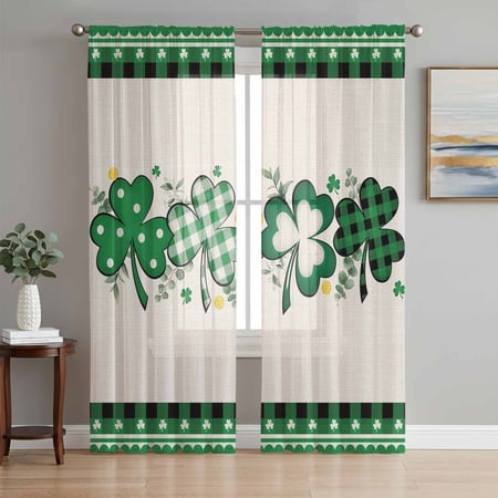 St. Patrick s Day Semi Sheer Window Curtains 84 Inches Long Green Shamrock Farmhouse Plaid Eucalyptus Rod Pocket Voile Chiffon Curtain Light Filtering Drapes for Living Room 52 x84 2 Panels