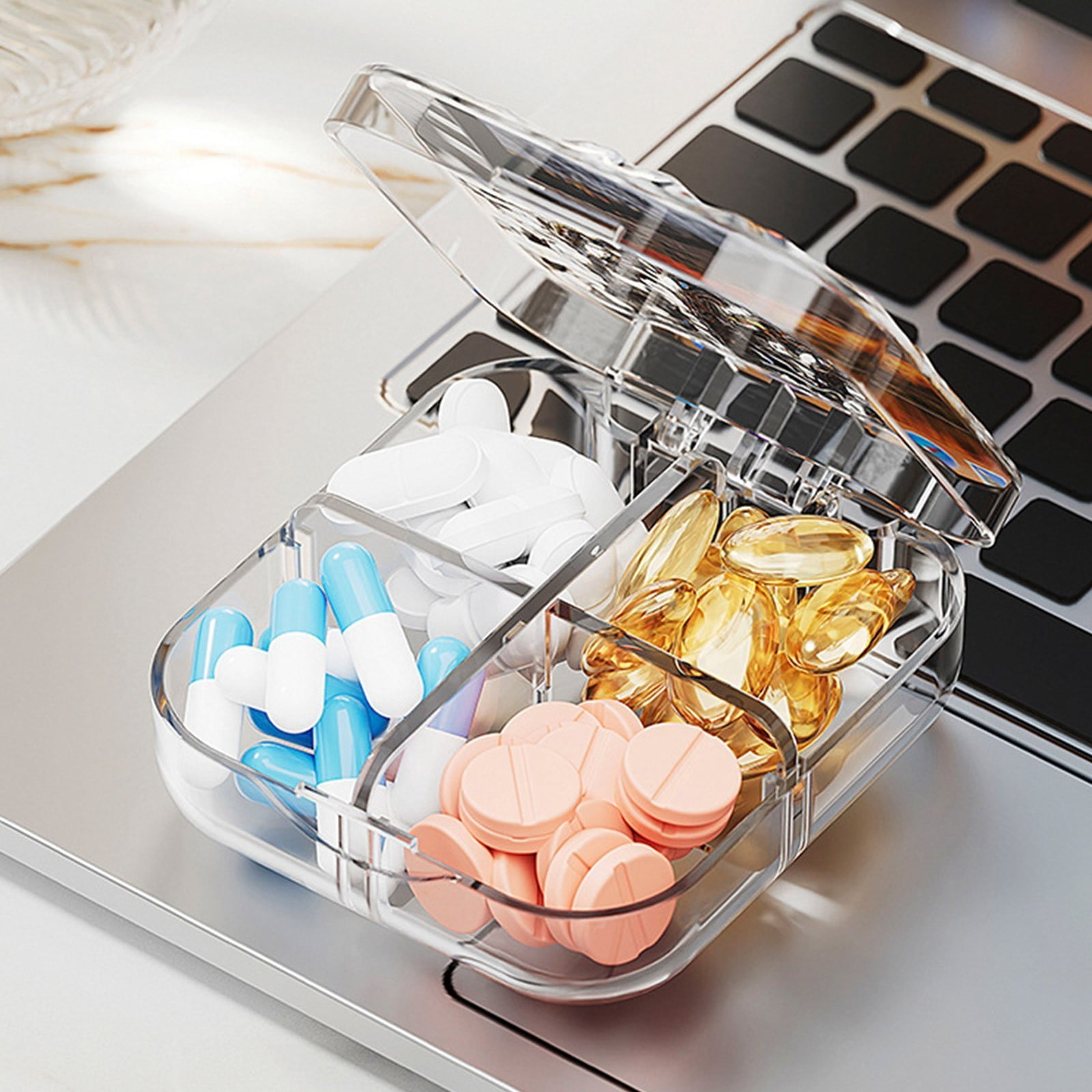 Fesfesfes Small Travel Pill Box,4-Compartments Pill Organizer,Portable Weekly Pill Case Container Stylish Pill Organizer Clear