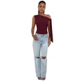 thumbnail image 4 of Women'S Ruched One Off the Shoulder Tank Tops Asymmetrical Neck Tie Shoulder Going Out Top Wine Red M, 4 of 9