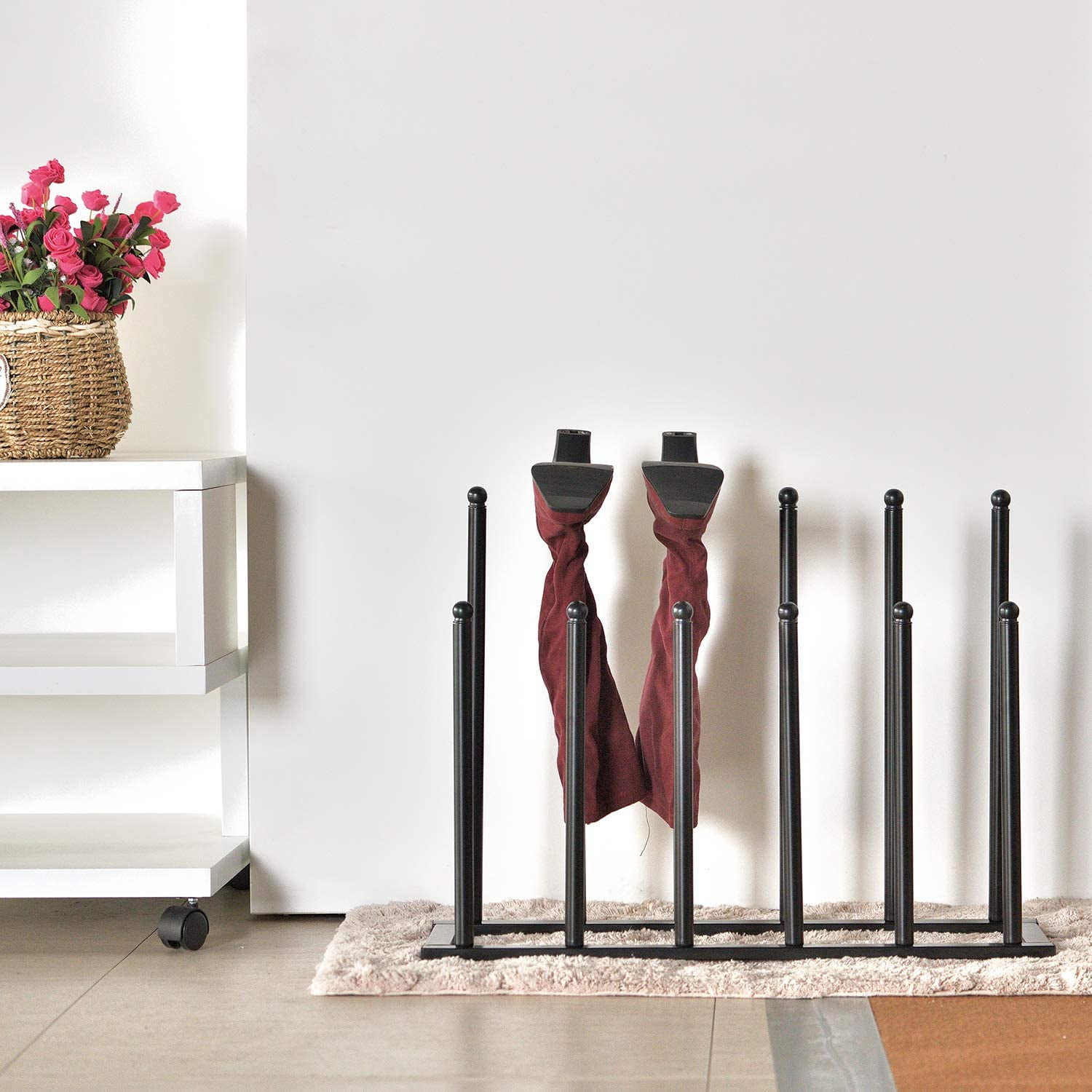 MyGift Modern Black Metal Boot Rack for Tall Boots Storage, Free Standing Entryway Shoe Rack Walk-In-Closet Boot Organizer with 12 Long Posts, Holds 6 Pair