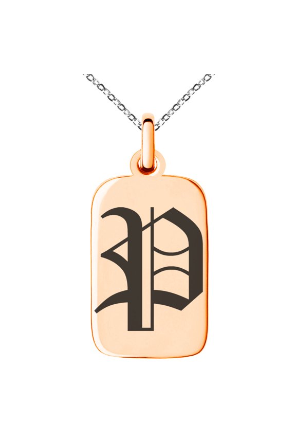 Stainless Steel Letter P Initial Old English Monogram Engraved Small Rectangle Dog Tag Charm Pendant Necklace