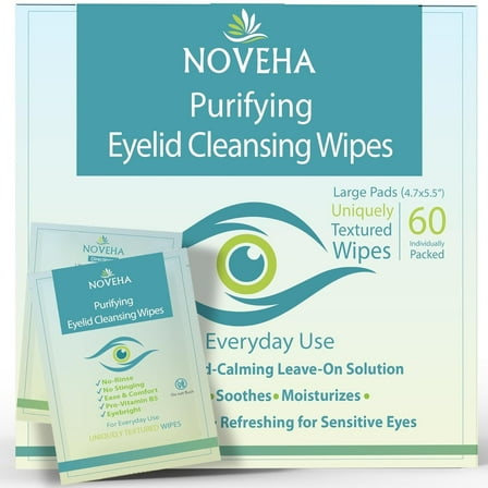 NOVEHA Eyelid Wipes | For Itchy, Dry Eyes, Eye Stye & Blepharitis | Lid and Lash Cleansing Wipes | Hypoallergenic & Soothing For Sensitive Eyes | Pack of 60