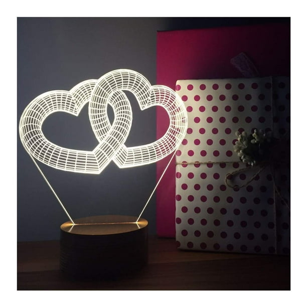 Lámpara 3D By-Lamp Double Heart con base de madera hecha a mano
