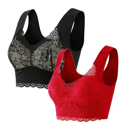 ATOYSOY Women s 2 Pack Plus Size Everyday Bra Slim Basic Tank Tops Lace Splicing Small Cup Wirefree Comfort Bra Bralette Underwear Teens Breathable Clearance Push Up Red M