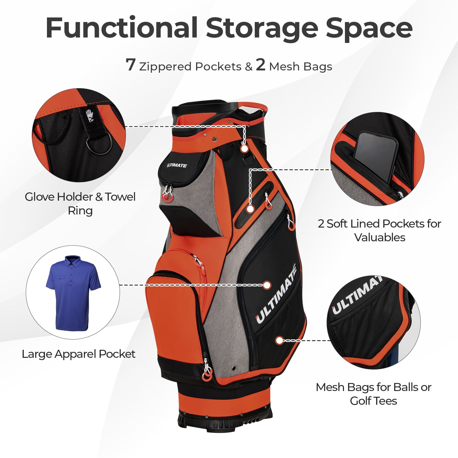 Topbuy Golf Cart Bag Top Golf Clubs Organizer with 7 Zippered Pockets Including Waterproof Valuable Pockets Rain Hood and Shoulder Strap Black + Red