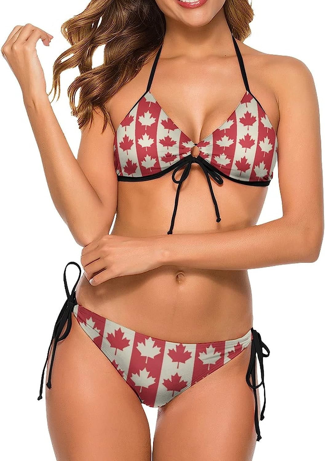 Canadian Maple Flag Bikini Sets Halter Triangle Tie Side Two Piece
