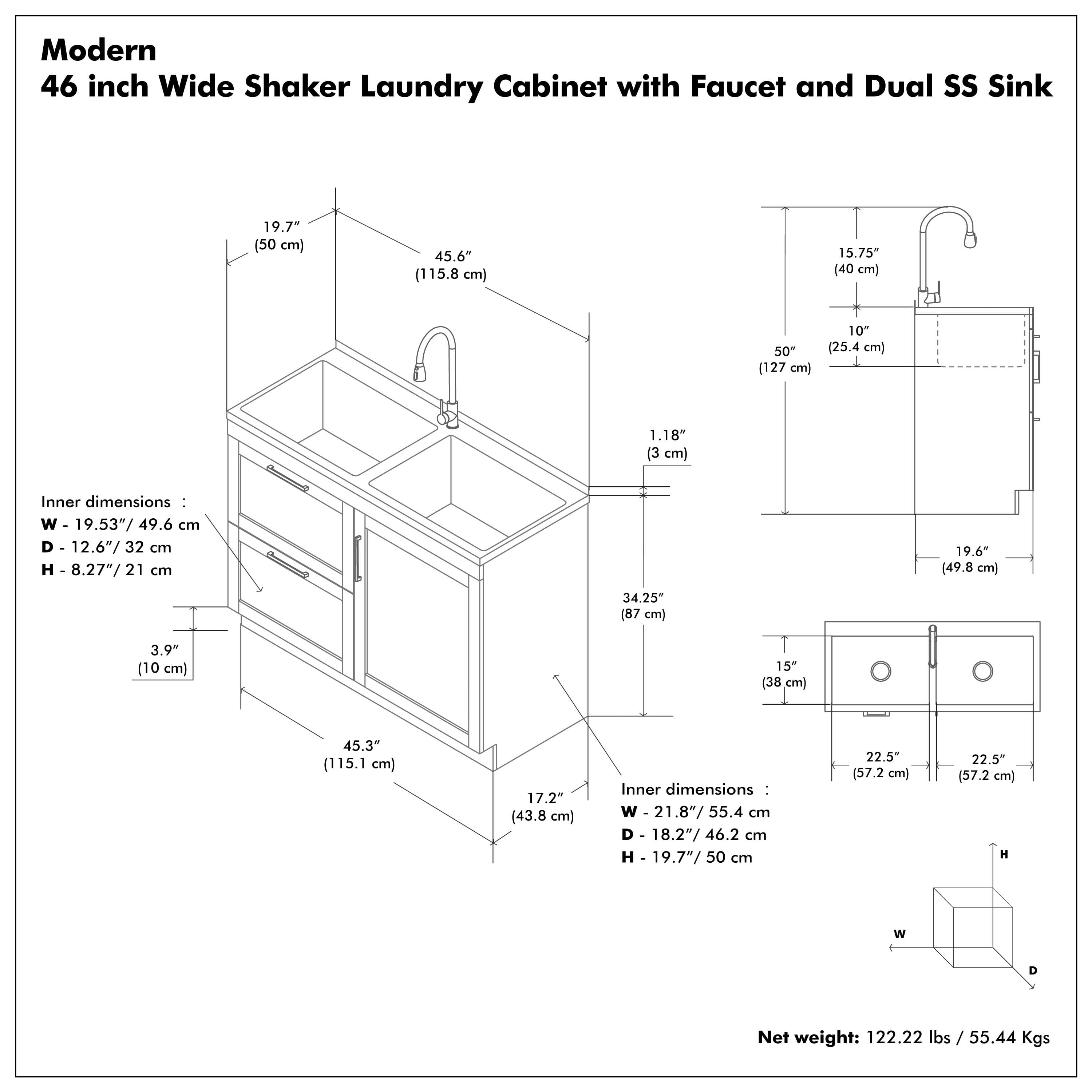 Simpli Home Modern Wide Shaker All-in-One 46-inch Utility Sink & Cabinet