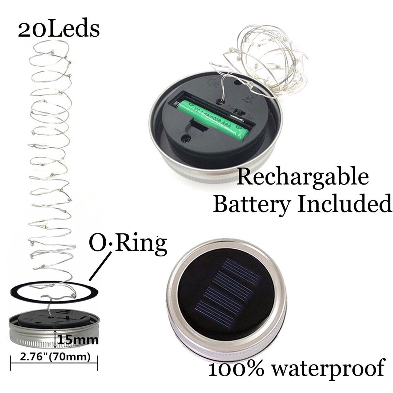 Puseky Mason Jar Solar String Lights Lid, Upgraded Antirust Waterproof 6 Pack 20 LED Jar Lid String Lights Set with 6 Hangers, Perfect for Patio Garden Wedding, Easter Decoration, White