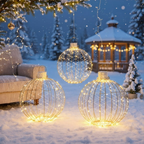 Resenkos Christmas Decor,3 Pack Christmas LED Light Balls with Cable Ties and 6 Stakes-Golden