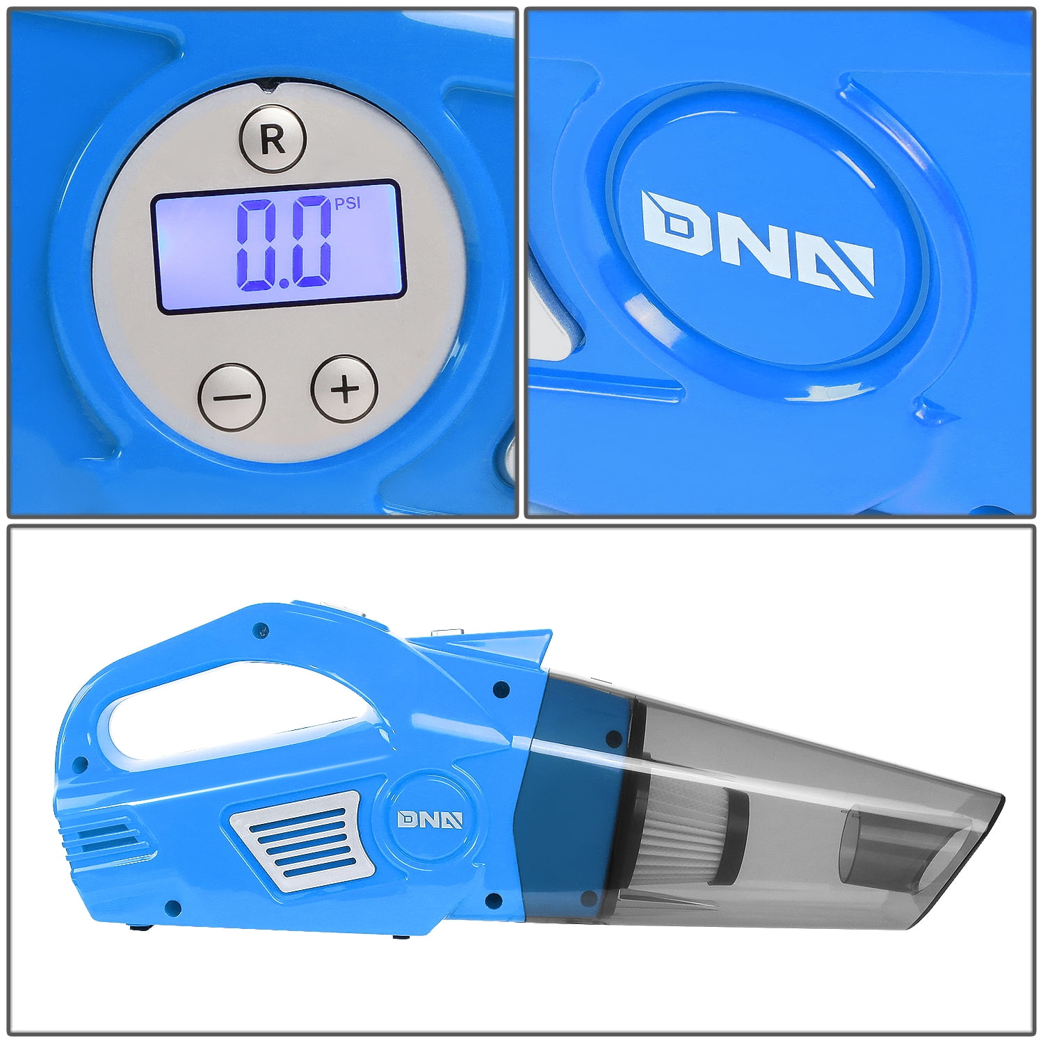 DNA Motoring For Blue LED Light Mini Handheld Air Compressor Pump Corded Car Vacuum Cleaner Cleaning Kit