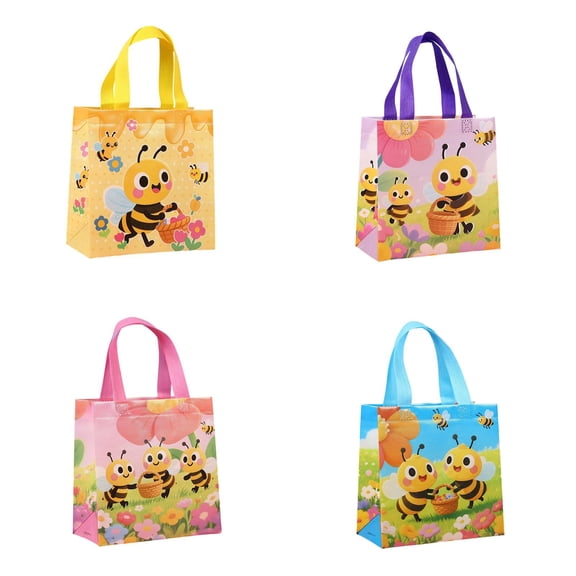 4 Pcs Bee Theme Gift Bags - Reusable Non Woven Tote Bags with Handles, Bee Party Favors Treat Candy Goodie Containers Birthday Decorations,Farmhouse Holiday Decor