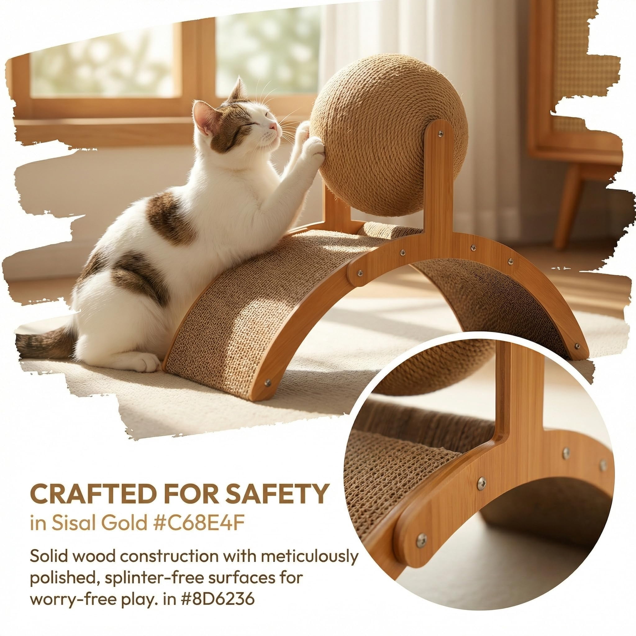 Cat Scratching Ball on Stand, Solid Wood Interactive Cat Scratcher with Arch Bridge & 360° Rotating Ball – Durable Cats Toy for Indoor Cats & Kittens, Prevents Furniture Damage (21.6 * 8.8 * 15.7in)