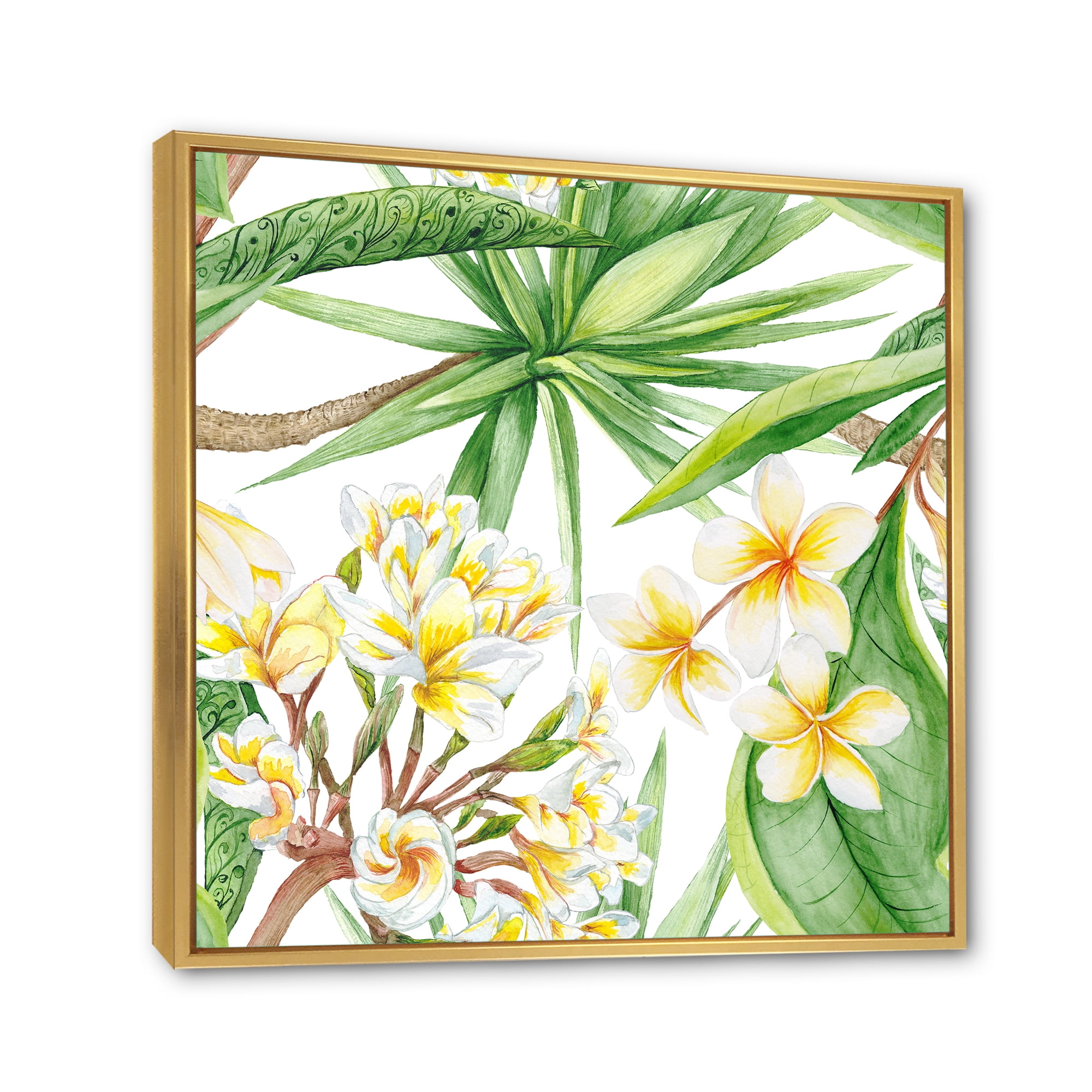 Designart 'Yellow Flowers and Tropical Foliage I' Modern Framed Canvas Wall Art Print