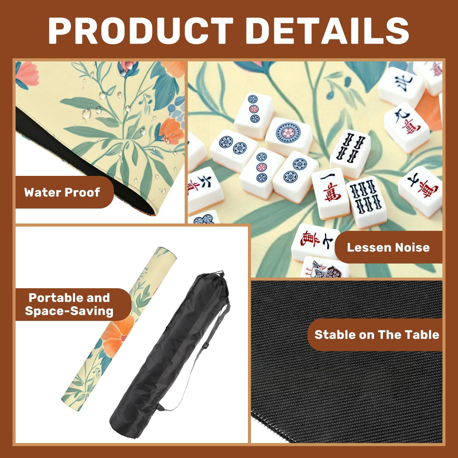 Mahjong Mat 31.5" x 31.5" Seamless Floral Orange Pink Flowers Cream Non-Slip Noise Reduction American Mahjong Tiles Table Cover for Dominoes Poker Card Board Games Gift