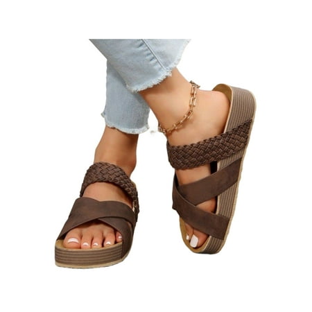 

Daeful Women Platform Sandal Slip On Slides Summer Sandals Indoor Outdoor Non-Slip Lightweight Cross Strap Casual Shoes Coffee 6.5