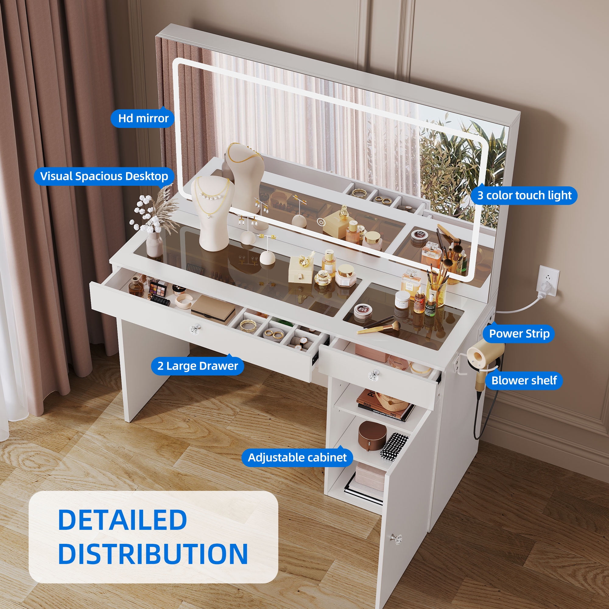 Uforic Modern Vanity Desk with LED Lighted Mirror & Power Outlet, Makeup Vanity Table with Drawers & Cabinet , Bedroom Dressing Vanity with Dividers and Hair Dryer Rack, White