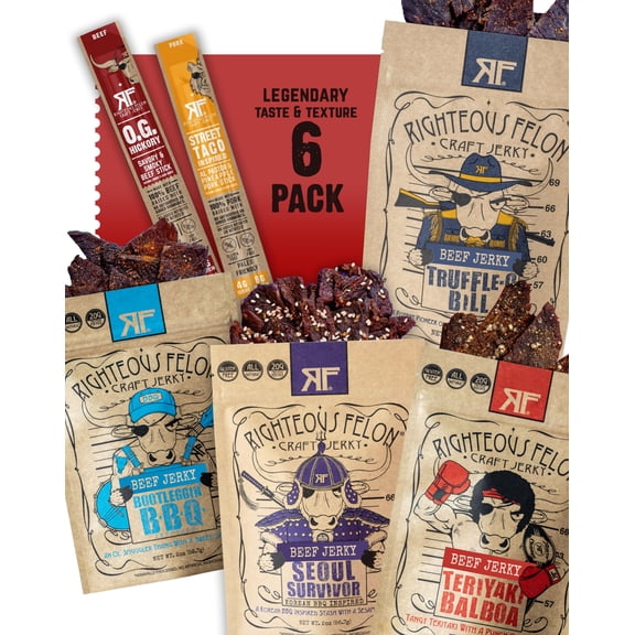 Righteous Beef Jerky Variety Pack Gift Basket - Great Gifts for Men - Gluten Free, High Protein Healthy Snack - Beef, Pork