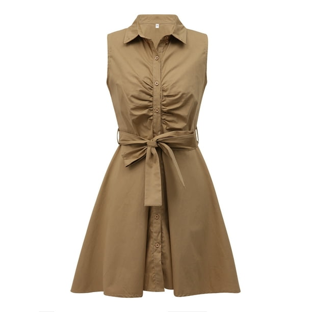 Txlixc Vestido de Mujer, Color sólido Sin Mangas Cuello Doblado Abotonado Delgado en Forma de A, Vestido Suelto con cinturón para la Playa, Vacaciones Txlixc Estilo de ocio