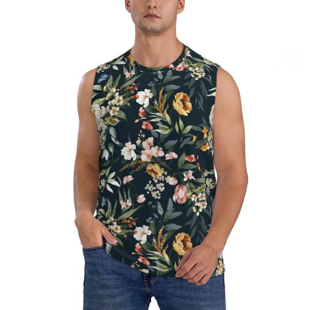 Fotbe Watercolor Floral Men's Camiseta sin Mangas Estampada para Hombres, Playera Casual para Gimnasio, Entrenamiento, Playa-Large