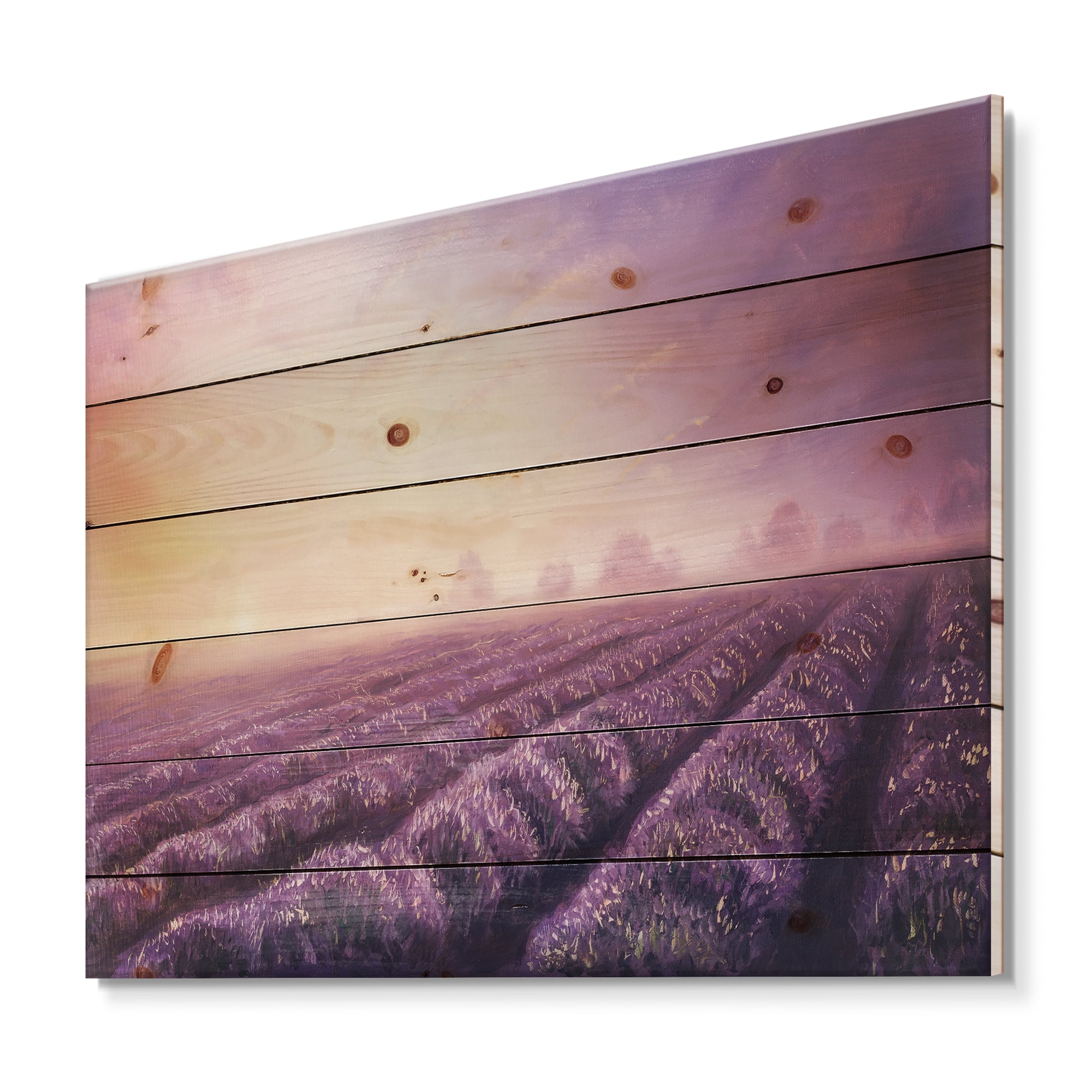 Designart 'Lavender Fields During Sunrise' Modern Print on Natural Pine Wood