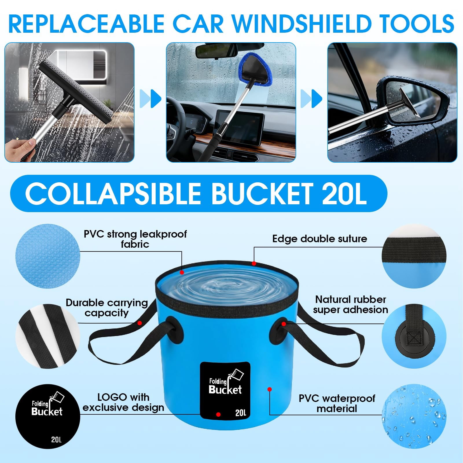 Multifunctional Blue Car Detailing Cleaning Kit, Car Wash Set with Foam Sprayer, Long Handle Wash Brush and Foldable Bucket, Ideal Car Washing Gift for All Car Owners