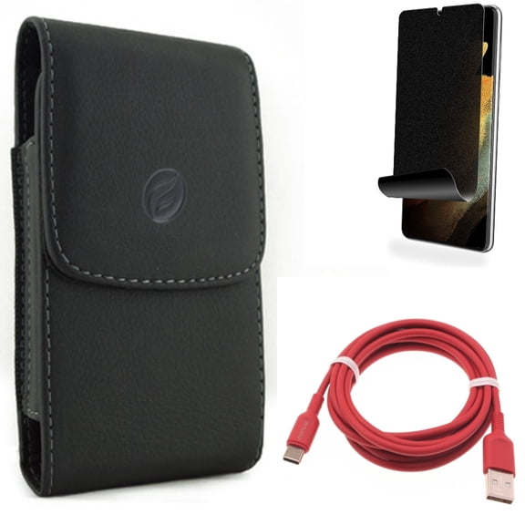 Case Belt Clip & 6ft USB-C Cable & Privacy Screen Protector for Samsung Galaxy S21 Ultra Phone - Leather Holster & Red Charger Cord & TPU Film Fingerprint Works Accessory Bundle