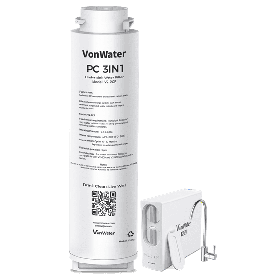 VonWater 𝐕𝟐 𝐒𝐞𝐫𝐢𝐞𝐬 PC 𝐑𝐞𝐩𝐥𝐚𝐜𝐞𝐦𝐞𝐧𝐭 Filter, for 𝐕𝟐-𝟔𝟎𝟎𝐍 𝐚𝐧𝐝 𝐕𝟐-𝟖𝟎𝟎𝐍 Tankless Under Sink Reverse Osmosis System, 12 Month Lifetime, NSF/ANSI 372 Certified