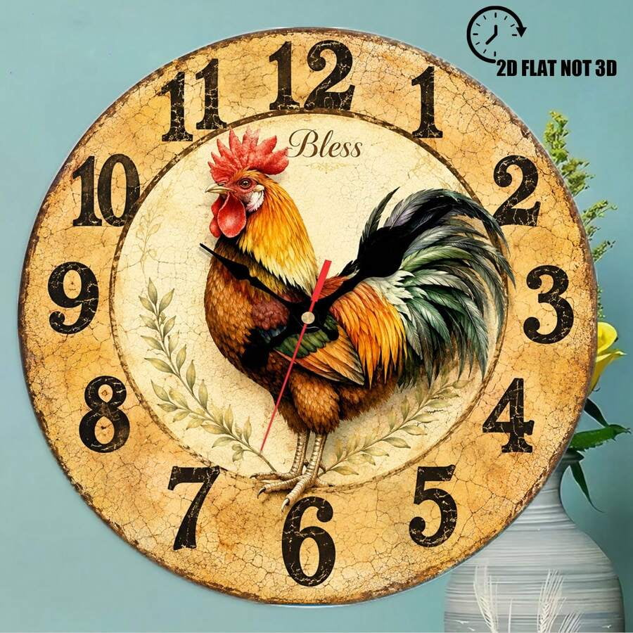 Silent Non Ticking Round Wall Clock, Vintage Crackle Rooster Bless Pattern Decorative Wall Clock, Farm Animal Silent Non Ticking Round Wall Clock, Vintage Crackle Rooster Bless Pattern Decorative Wall Clock