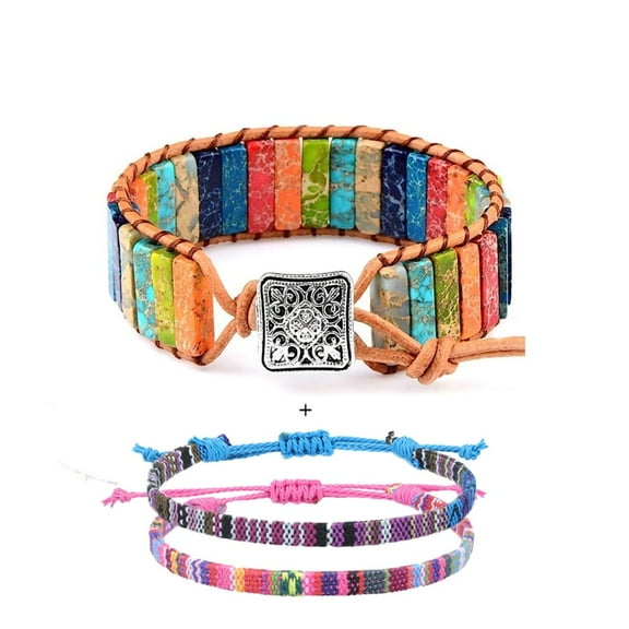 (3Pcs) Bracelets for Women with Real Stones Leather Wrap Healing Bead Bracelet Women Men Boho Friendship Jewelry   String Rope Surfer Beach Bracelet Colorful Anklet Bracelet