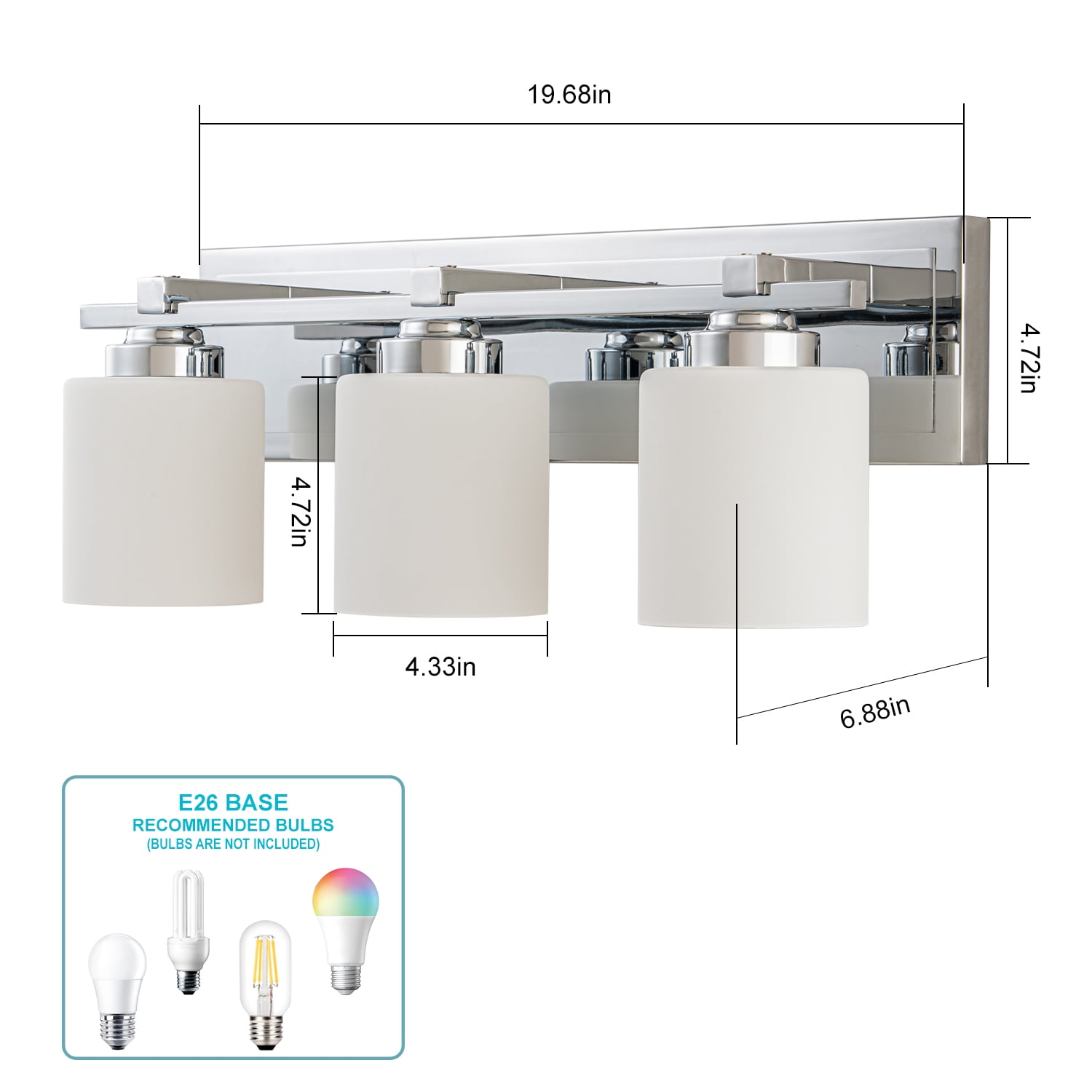 SineRise 3-Light Chrome Modern Bathroom Vanity Light with Milky White Glass Shades