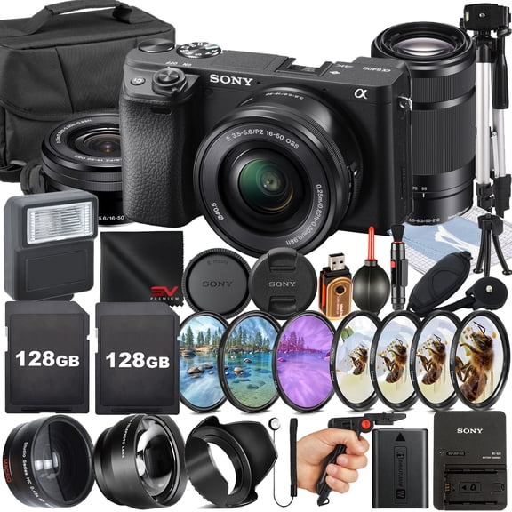Sony A6400 Mirrorless Camera with with 55-210mm Lens   16-50mm Lens   SanDisk 128GB Memory Card   Pistol Grip Tripod   SV Premium Accessory Bundle (International Model)