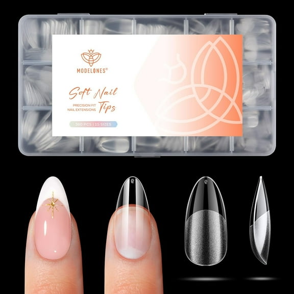 modelones Medium Almond Gel Nail Tips, 360pcs Pre-etched Clear Fake Nails Press On Full Cover Half Matte 15 Sizes Acrylic Gel Tips for Extension Salon