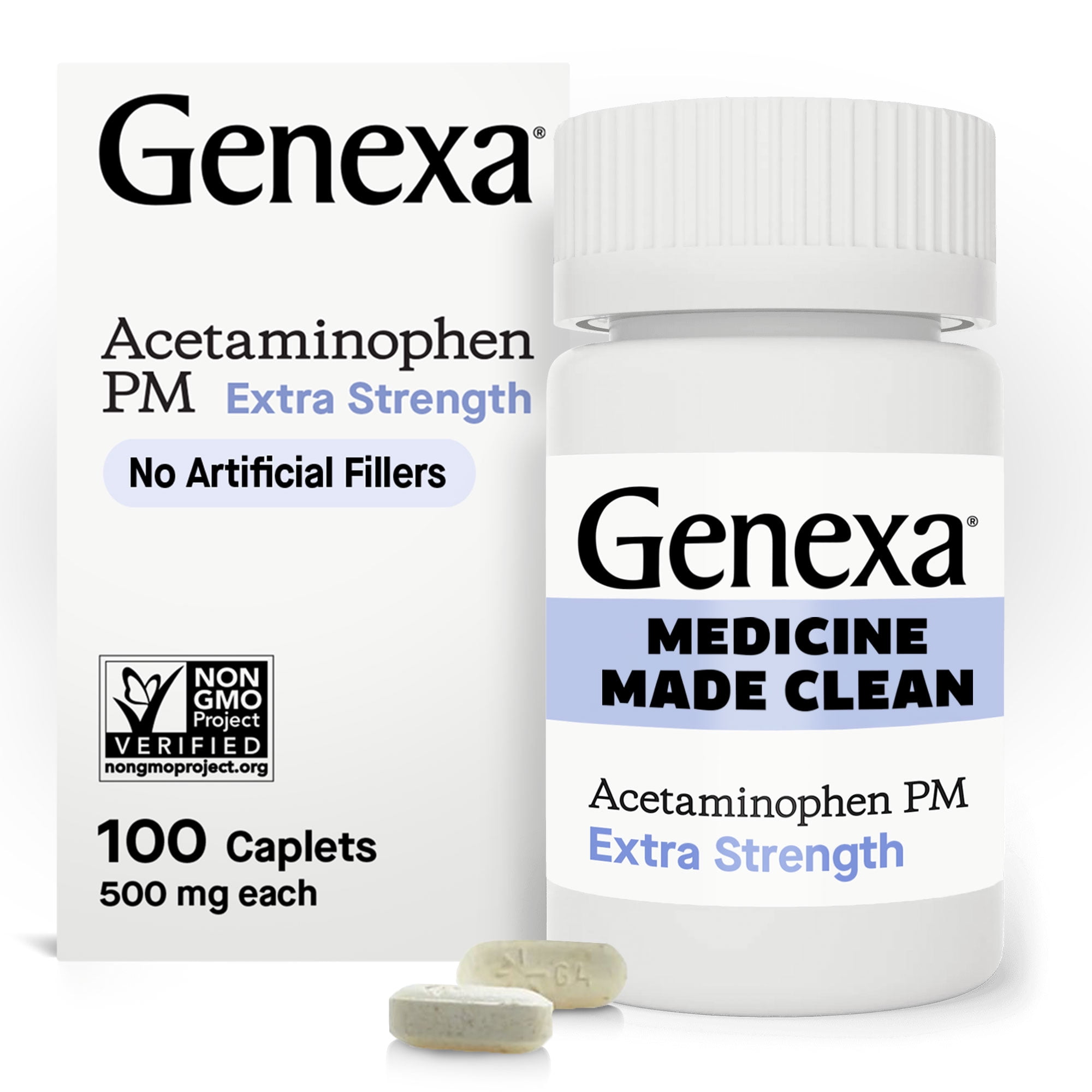 (2 pack) Genexa Extra Strength Pain & Fever PM Acetaminophen & Sleep Aid Caplets, 100 Count